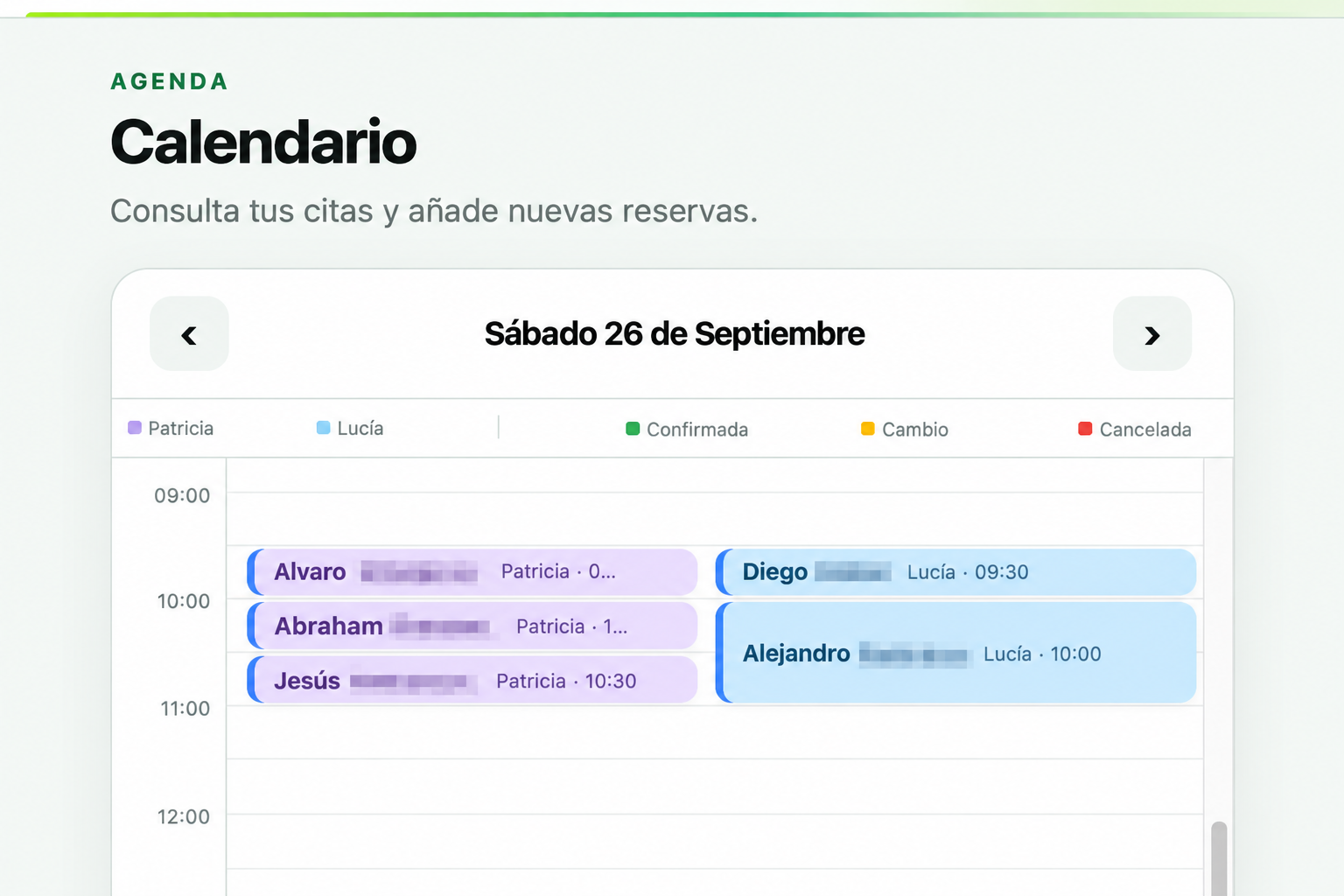 Calendario con estados de citas confirmadas, cambiadas o canceladas